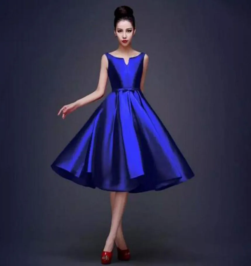 New High Quality Simple Royal Blue Black Red Cocktail Dresses Lace up Tea Length Formal Party Dresses Plus Size Custom Made Cheap1427345