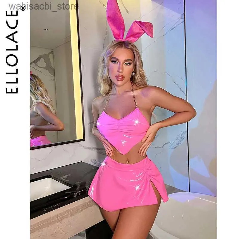 Sexy Set Ellolace Latex Lingerie Neon Pink Underwear Women 3-Piece Bunny Sexy PVC Outfit Sexy Nightclub Leather Erotic Costumes L2447