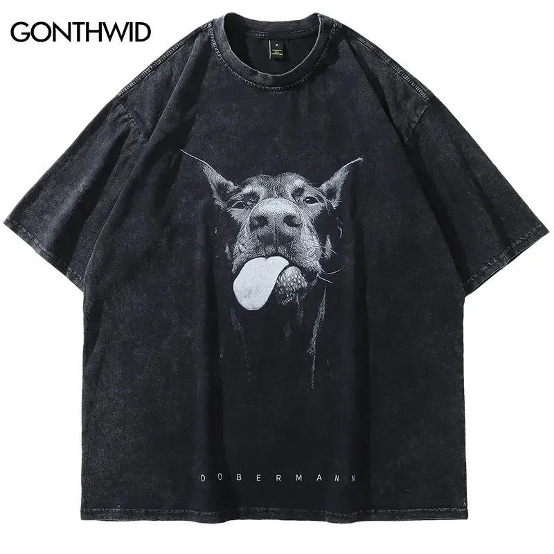 Men Streetwear Hip Hop Oversized T-shirt Funny Doberman Dog grafisch T-shirt Vintage gewassen zwart t-shirt Harajuku T-shirt katoen 240325