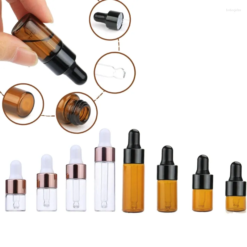 저장 병 5pcs 1/2/3/5ml 앰버/투명 유리 드롭퍼 미니 에센셜 오일 샘플 화장 향수 여행 용 병병