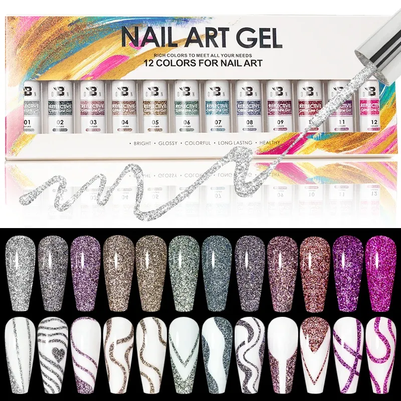 Abiti BOZLIN 12pcs Kit di smalto gel di gelatina riflettente Kit di smalto orolografico scintillante set di gel per nail art semi permanente