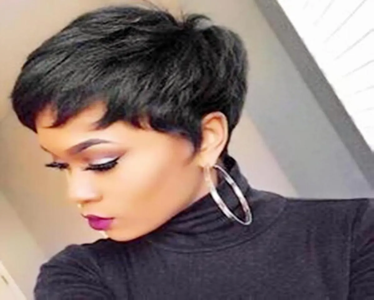 Pixie Cut None Lace Front Wig Hair peruano Bob perucas para mulheres negras com franja Human Human Full Machine Made3626216