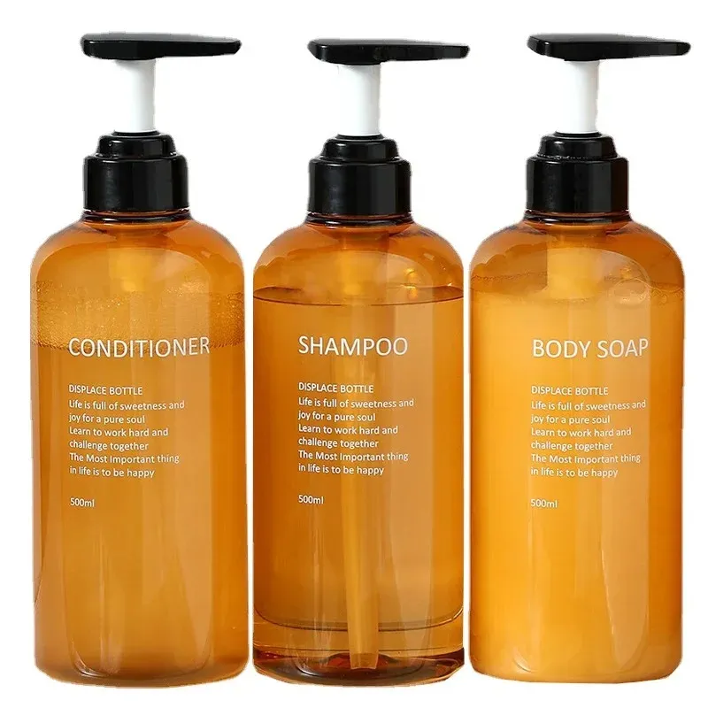 3ståterfyllningsbar schampo Conditioner Body Wash Dispenser Set tryckta bokstäver Badrums tvålflaskdispenser