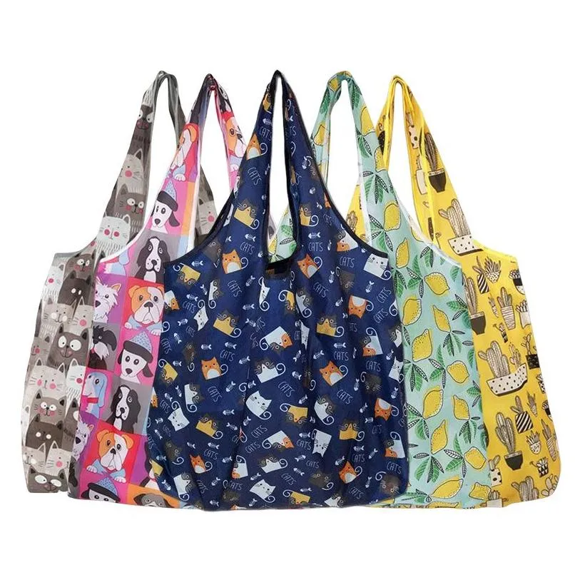 Storage Bags Foldable Shop Bag Reusable Travel Grocery Eco-Friendly Cartoon Cat Dog Cactus Lemon Printing Tote Drop Delivery Home Ga Dhnx0