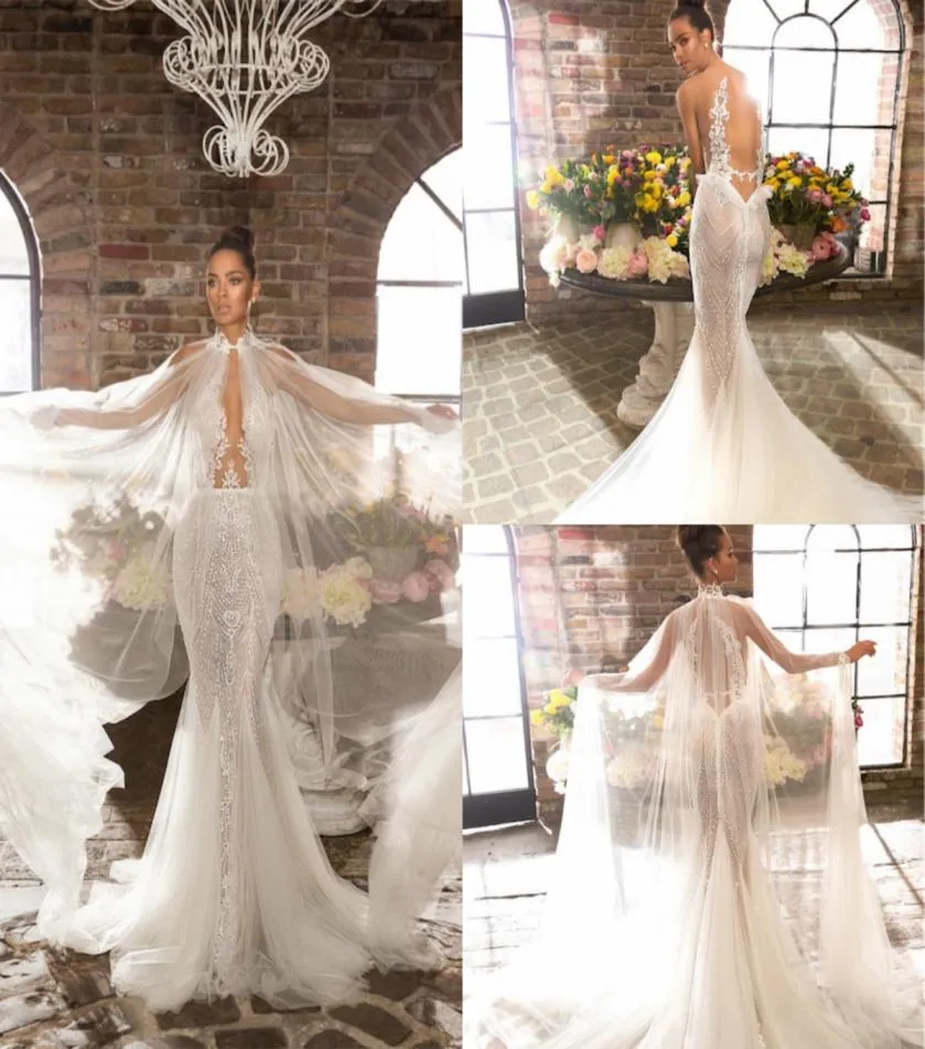 2019 Elihav Sasson Mermaid Wedding Dress with with Lace Raphed shile Neck Bohemian Wedding Dress Illusion Backless Boho Brida1677566