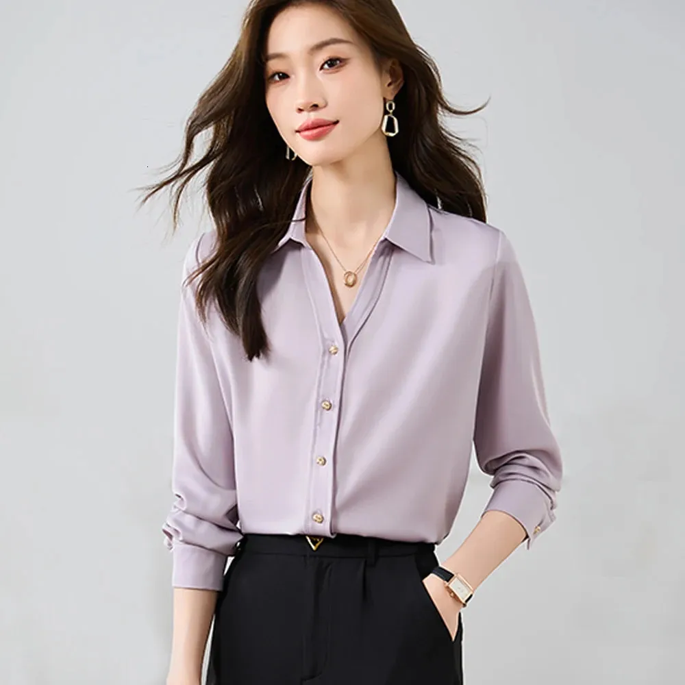 Camicie viola bianche per leisure Pulsante con piombo solido top lady maniche lunghe Office di camicia da donna Blusas Autunno 240407