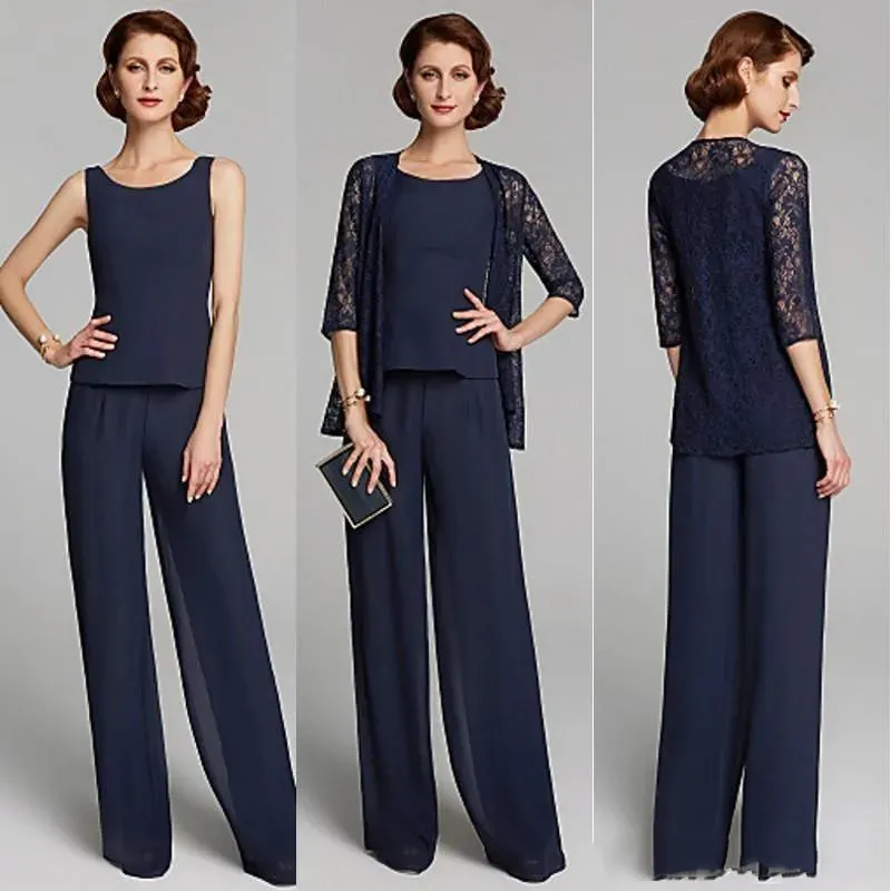 Elegante madre della madre della sposa per pantalone per la festa di nozze Dark Navy Chiffon Lace Giacca da sera abiti da sera per abiti da ballo formali abiti da ballo 2024