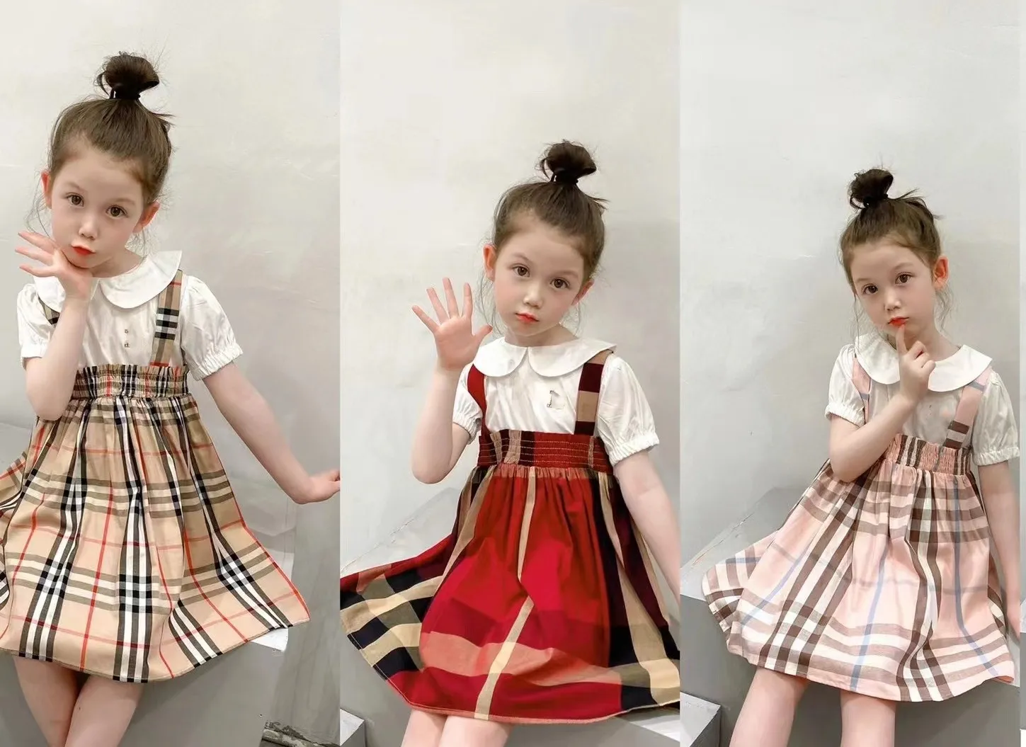 Ins Girls Letter Plaid Dresses England Style Kids Doll Lapel Short Sleeve Pleated Dress Children Bomullsgitterkläder S1310