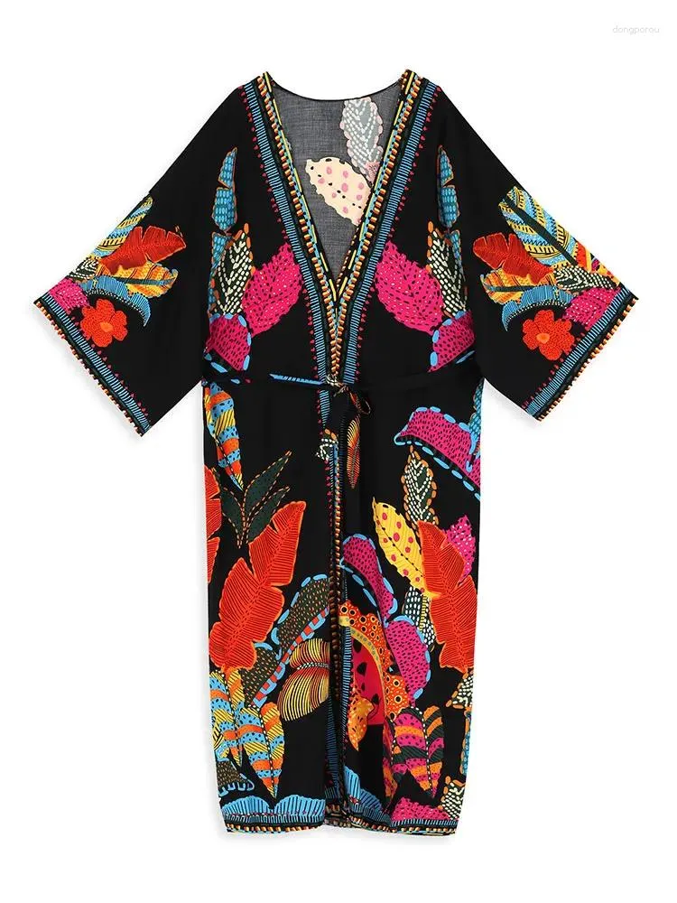 Summer Beachwear Cover Up Boho Multicolor Print Plus Size Kimono House Dress 2024 Women Holida