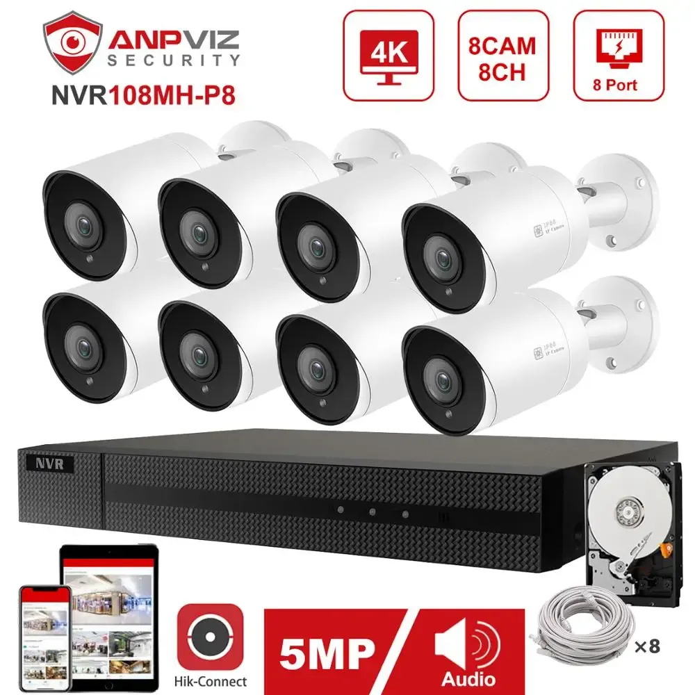 Système Hikvision OEM 8CH 4K NVR 4/6 / 8PCS 5MP CAMERIE POE IP Sécurité Kit Système Audio IP CAMER