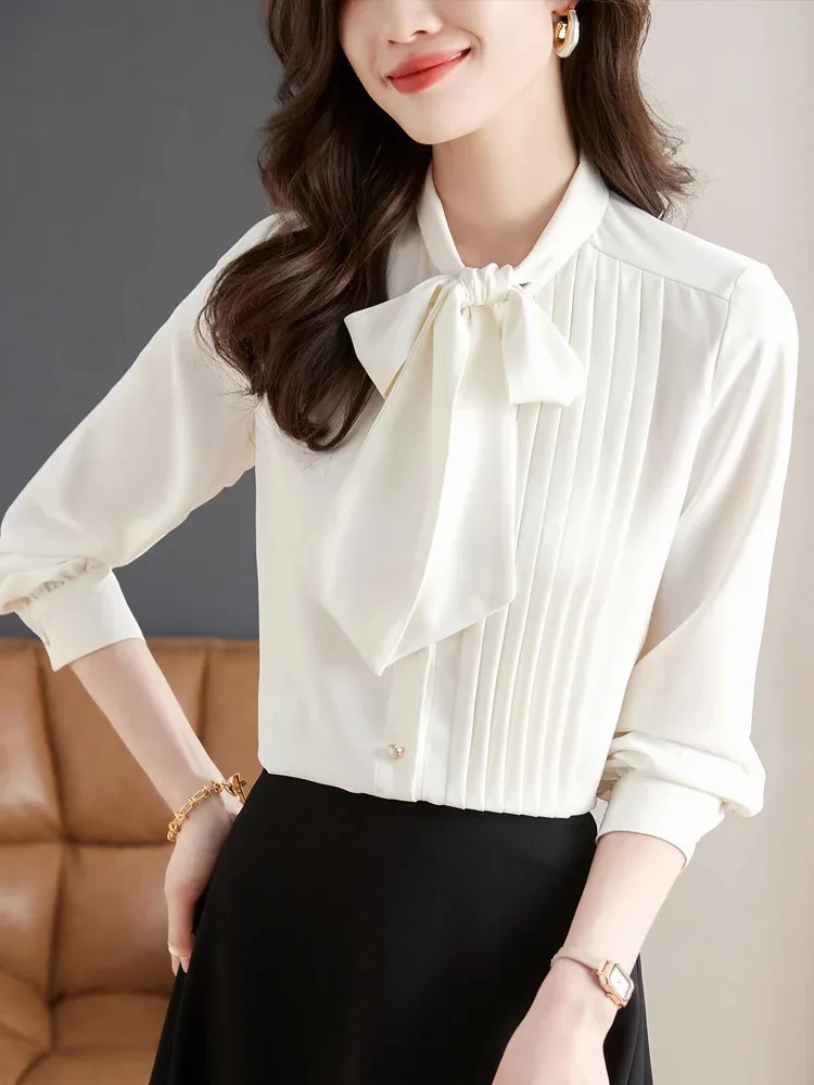 Ankunftshemd Damenbluse Vintage Arbeit Casual Tops Chic Plissee Chiffon Bow Elegante Frauen Business Shirts 240407