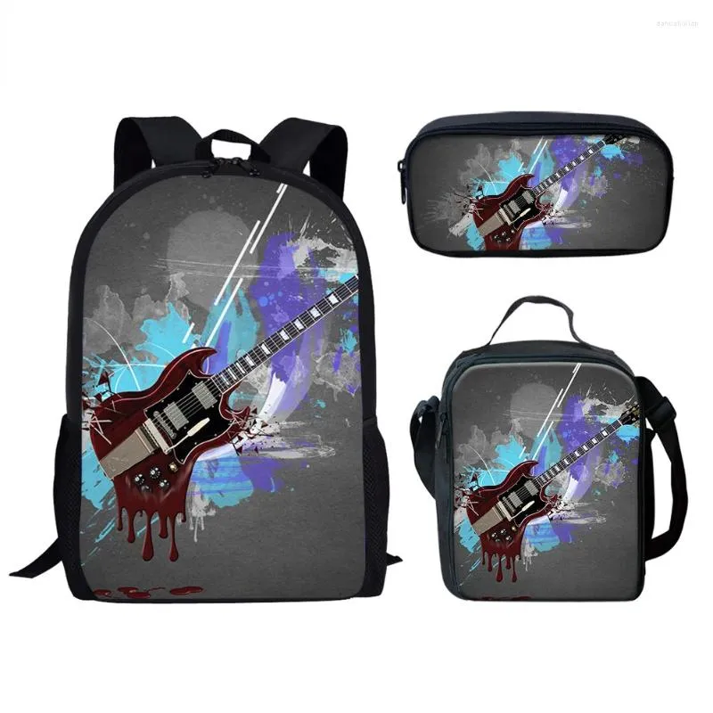 Rugzak cartoon nieuwigheid coole muziek gitaar 3d print 3 stcs/set pupil school tassen laptop daypack lunch tas potlood kas