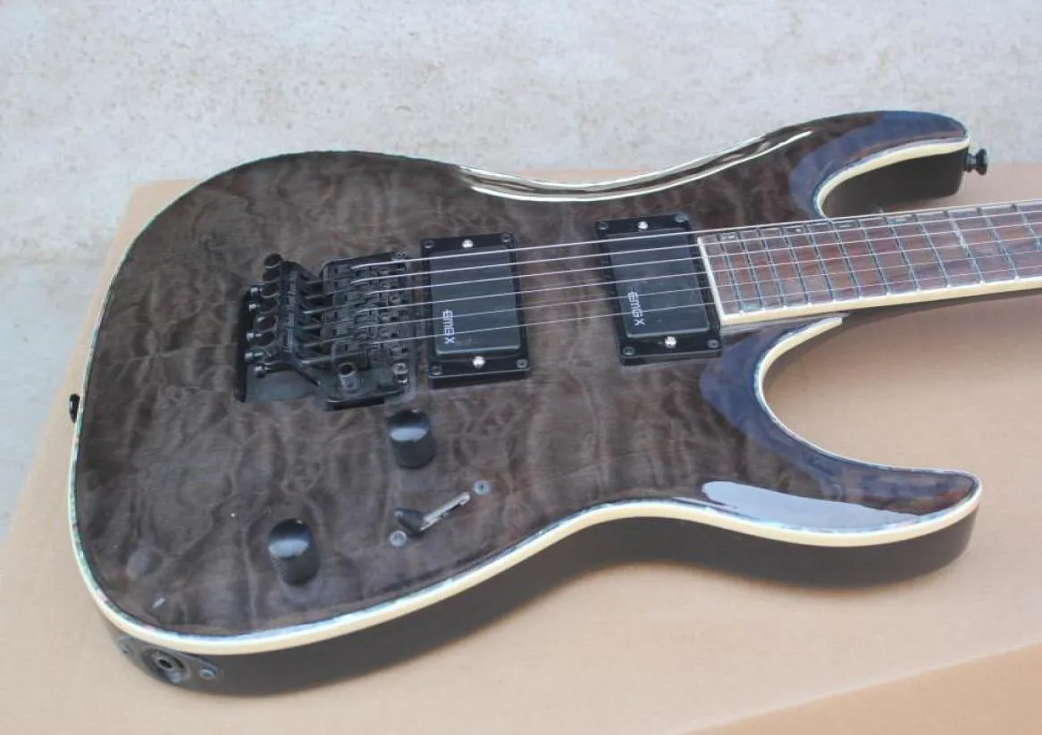 Ltd MH1000 Deluxe Dark Grey Quilted Maple Top Elektrische gitaar Kopie EMG Pickups Floyd Rose Tremolo Bridge Abalone Body Binding 5135805