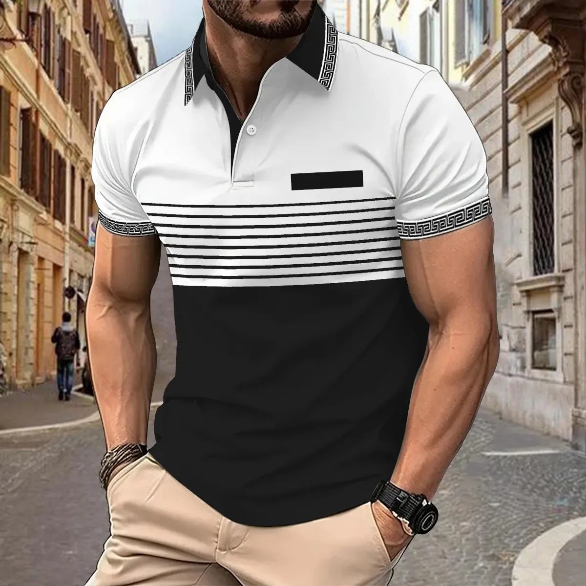 2024 Polo de grande taille pour hommes décontractés Vneck Bouton Business Stripe Matching Tshirt Top Heat Sublimation Printing 240403