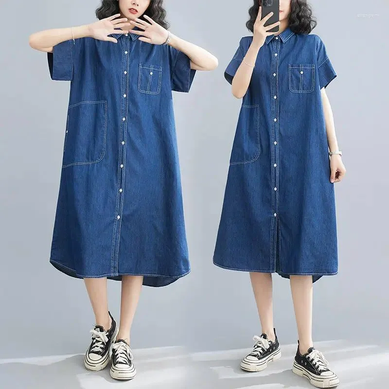 Robe De Chemise En Jean De Grande Taille Pour Les Femmes 2024 Summer Decontracte Lineaire Ouverte Ouverte A Poitrine Monochone Jeans Vestidos Z1482 Du 23 7 DHgate