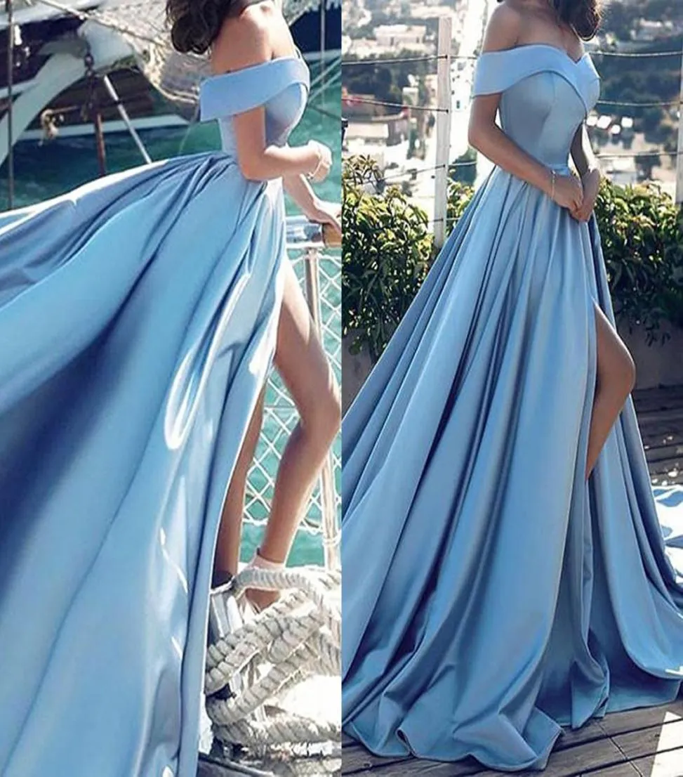 Off Shoulder High Split 2018 Prom Dresses Side Slit A Line Sweep Train Light Sky Blue Evening Party Gowns Cheap Plus Size Customiz2004570