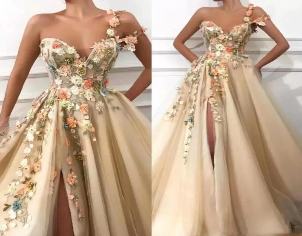 Eleganti tulle a una spalla A Lunga abiti da ballo lunghi abiti da ballo 3D Applique floreale Applique in perline pavimento split Lunghezza abiti da sera da sera formali 3416413