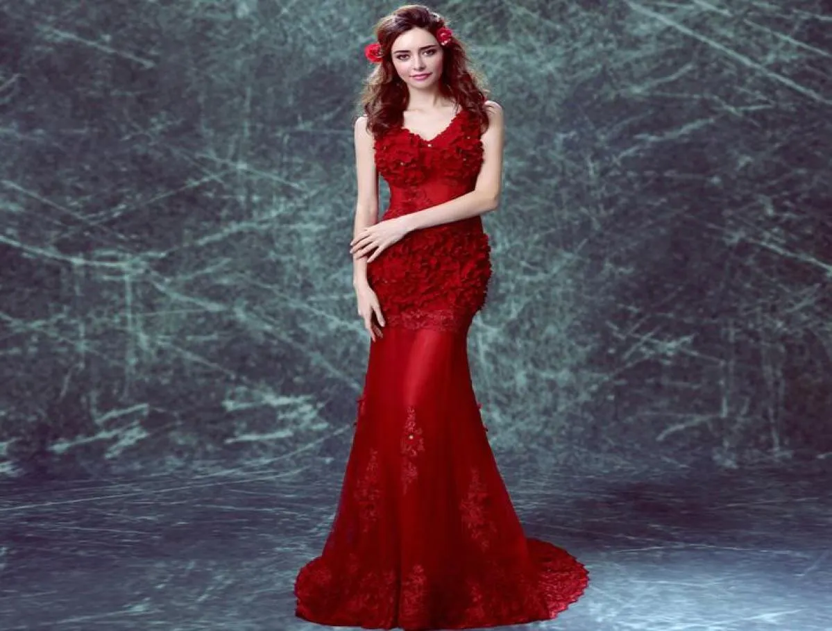 Élégant fleur personnalisée Tulle longue sirène rouge Robes de demoiselle d'honneur plus taille vneck lacet up Longueur Vestidos de Dama de Honor FO3469842