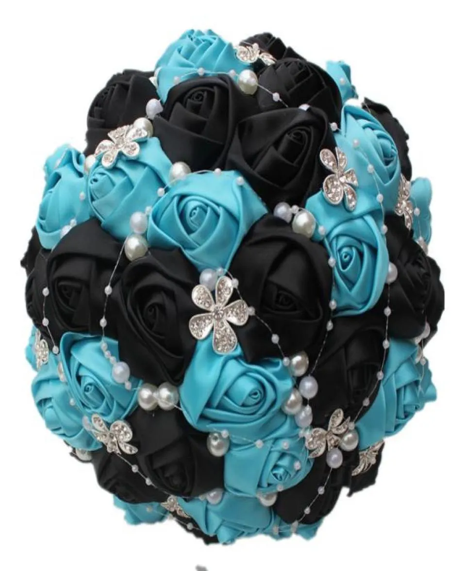 Turquoise zwarte bruiloft bruids boeketten huwelijksbenodigdheden kunstmatige bloemparels steentjes snoepje 15 quinceanera bouquets w22442250698