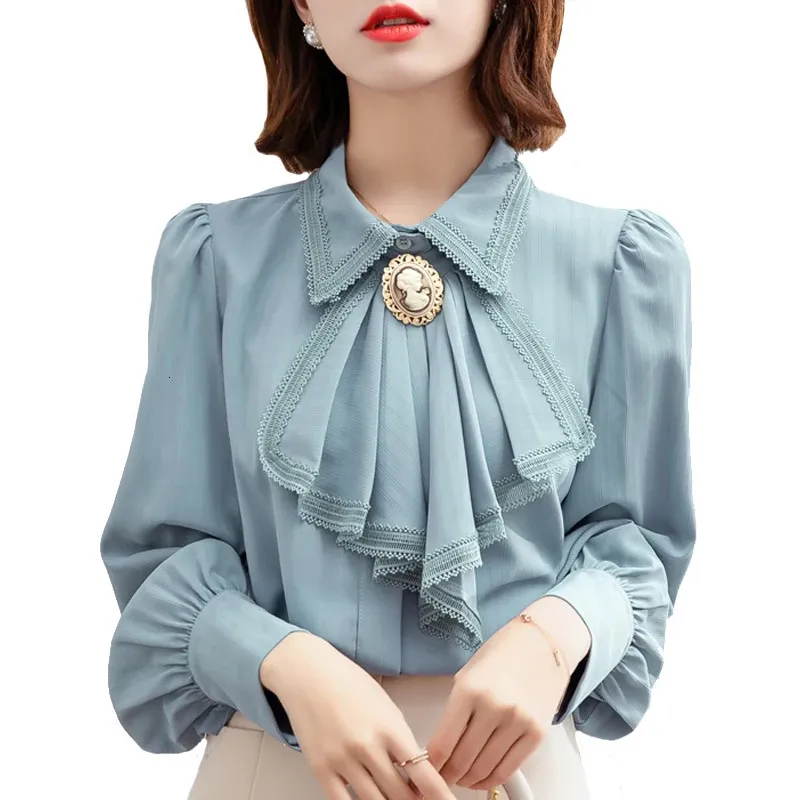 Retro Blue Chiffon Blue Autumn Spring Bowknot Workwear ol Topps Elegant Women Long Sleeve Lace Shirt 240326
