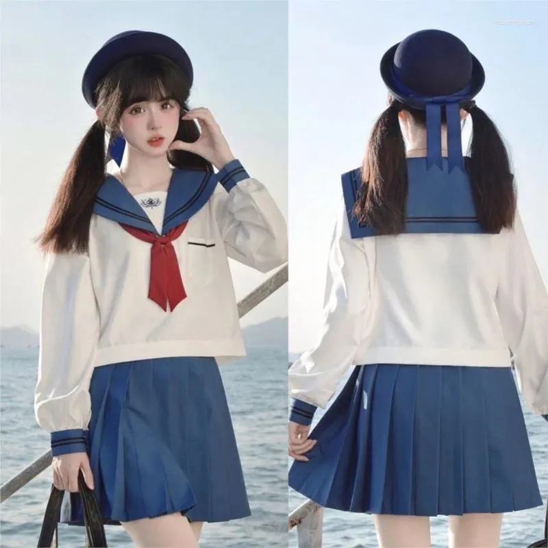 Kläder sätter blå jk enhetlig sjöman kostym flickor långa ärmar college stil kvinnors cosplay kostymer korta veckade kjolar