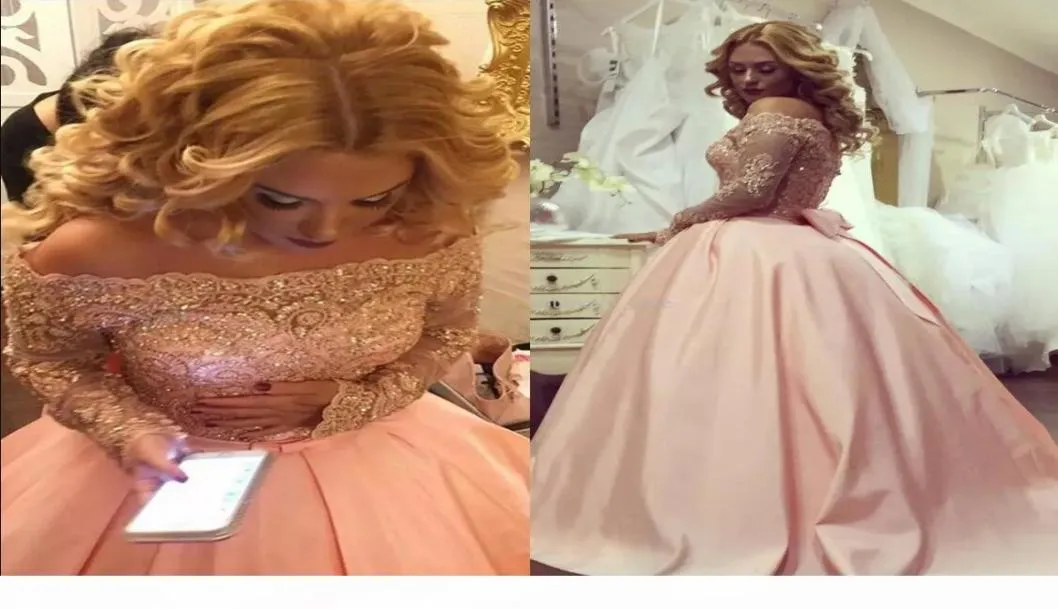 Plus Size Ball Gown Evening Dresses Bateau Neck Long Sleeves Crystal Appliques Satin Blush Pink Sparkly Prom Gowns Formal Dresses7901710