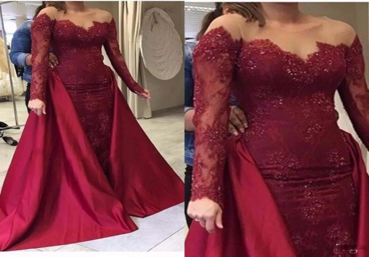 Burgundy Mermaid Evening Dresses With overskirt detachable train Sheer Neck Sequins Long Sleeves Prom Dress Satin And Lace Party3246676