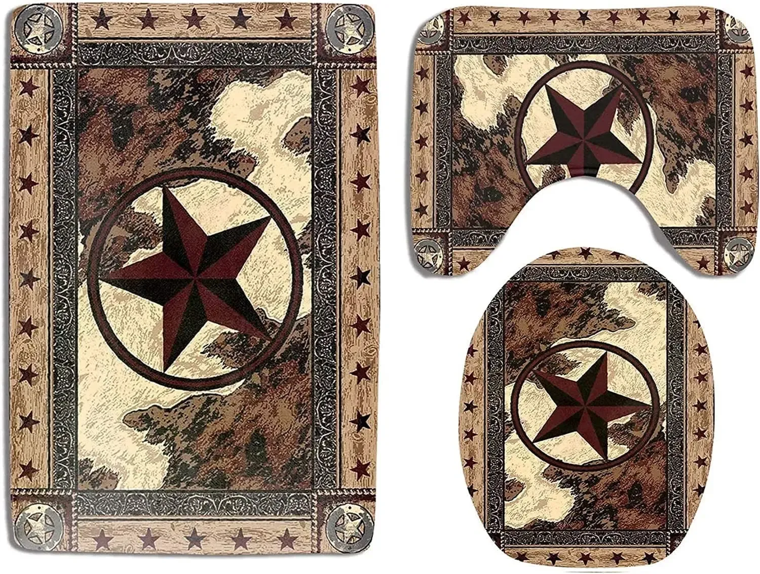 Alfombras de baño de estrellas del oeste de Texas Juego de 3 piezas con alfombras de baño no lis Cubierta de tapa de inodoro Mat