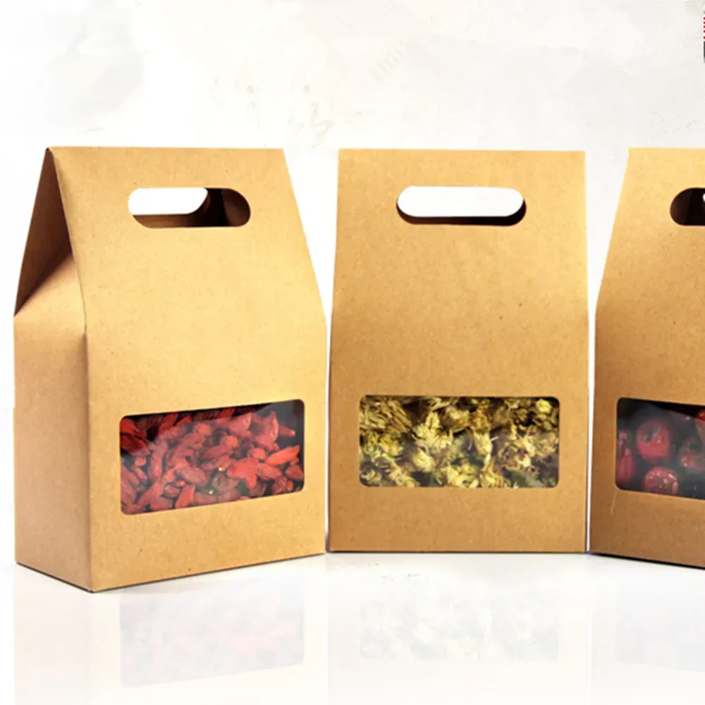 DHL 10.5*15+6cm Kraft Paper Tote Bag Wedding Favor Candy Gift Packing Box With Handle Clear Square Window Chocolate Packaging