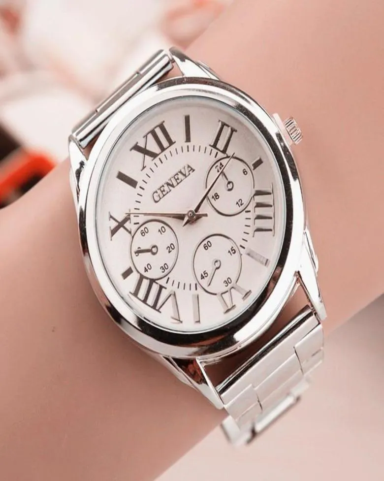 Начатые часы Top Brand 3 Глаза Серебряные Женева Случайные Кварцевые часы Женщины платье из нержавеющей стали.
