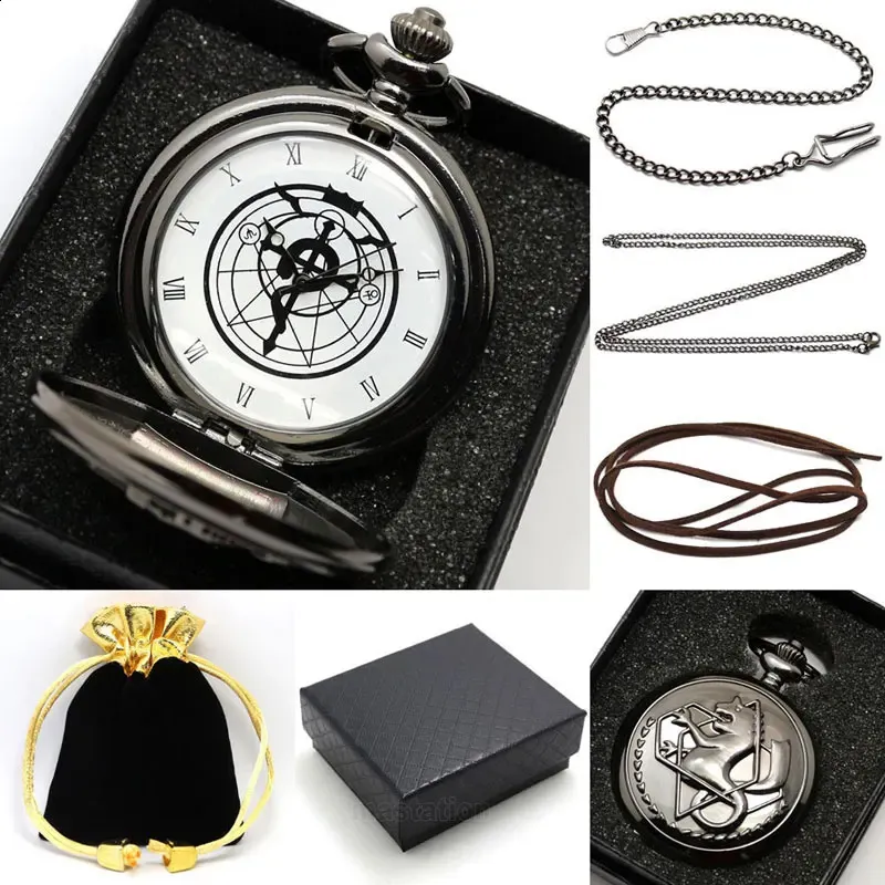 Black Silver Fullmetal Alchemist Quartz Pocket Watch Halsband Läderkedja Box Bag smycken Set gåvor för män Relogio de Bolso 240327