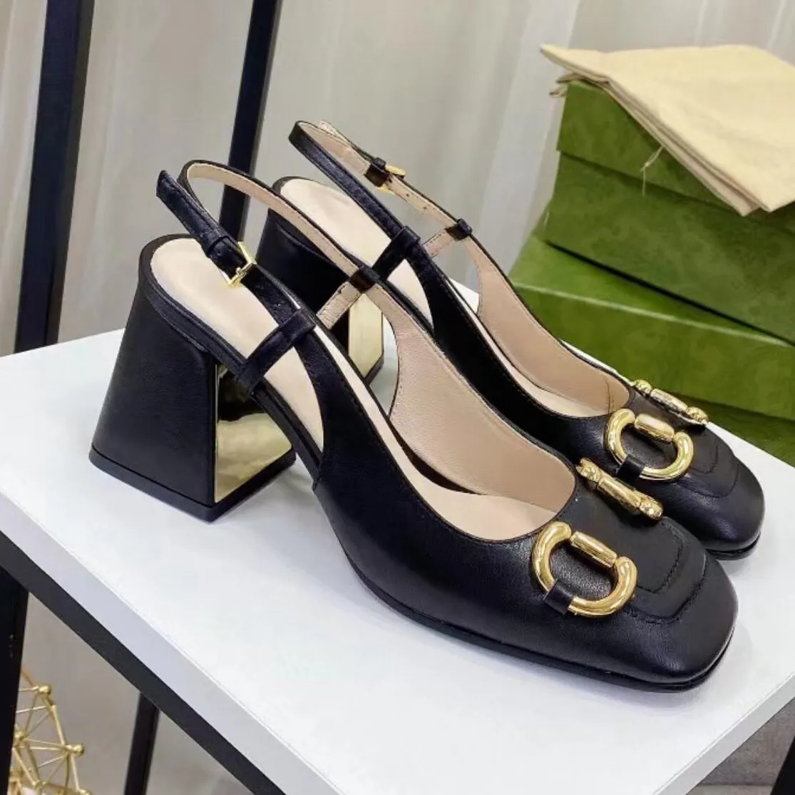Talons hauts Designer femme sandales cgunky talon 7cm en cuir authentique noir mat horse talon épais talon chaussures grandes taille 34-42