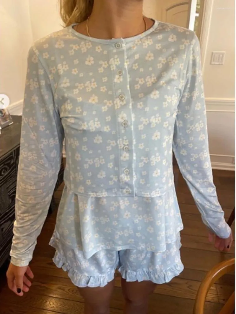 Домашняя одежда Combhasaki Женская Y2K Kawaii 2peece Pajama Set Floral/Print Print с длинными рукавами пуговица рубашка с рюшами шорты мягкая гостиная