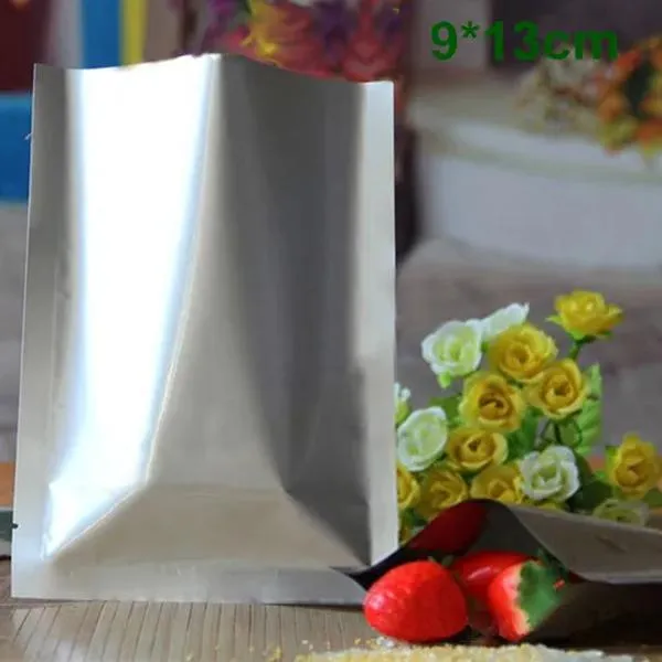 9*13cm (3.5*5.1 ") حقيبة رقائق ألمنيوم نقية مفتوحة أعلى الفضة mylar التعبئة الحرارية الختم الفراغ بتخزين الغذاء حقيبة التغليف لتناول وجبة خفيفة شاي السكر LL