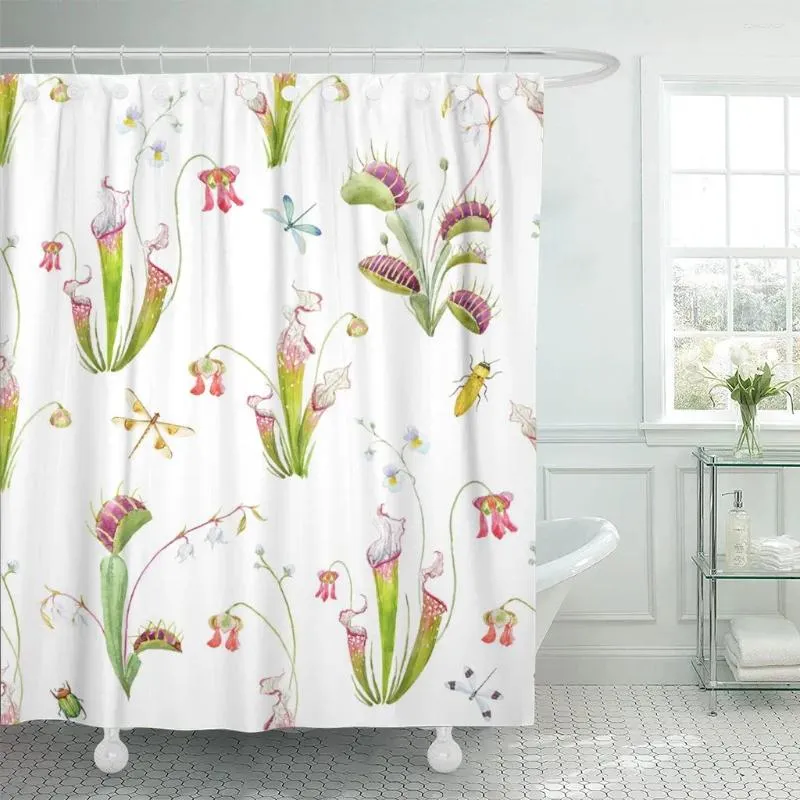 シャワーカーテンカーテン水彩パターントロピカルな肉食植物フライトラップサラセニアドラゴンフライと花の防水