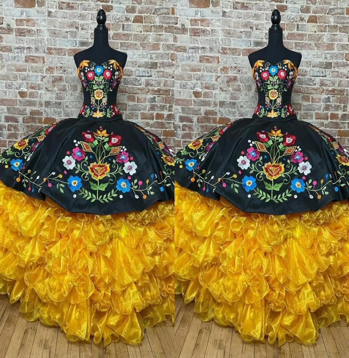 2022 Vintage Black Yellow Quinceanera Dresses Mexican Style Flowers Embroidered Ruffles Strapless Laceup Sweet 15 Girls Charro6121045