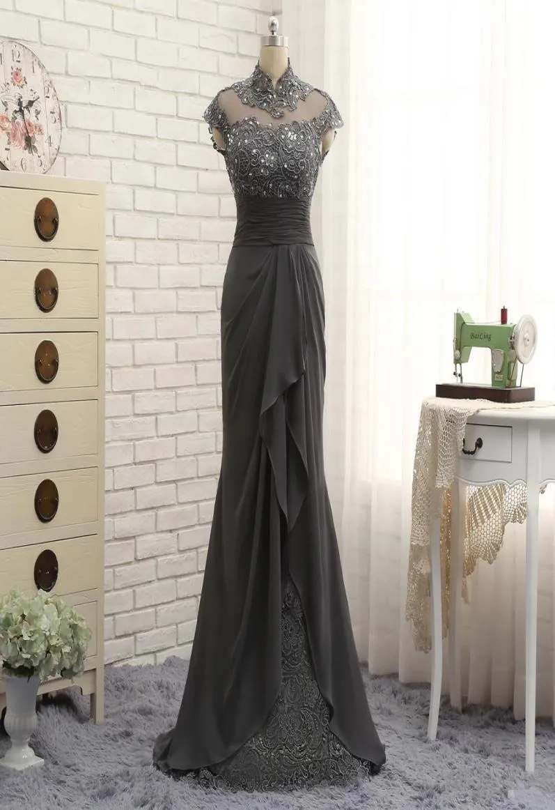 Crystal Real Image Long Mermaid Gray Mother of the Bride Dress Lace High Neck Cap Sleeve Chiffon Formal Evening Party Gowns Pleate7087610