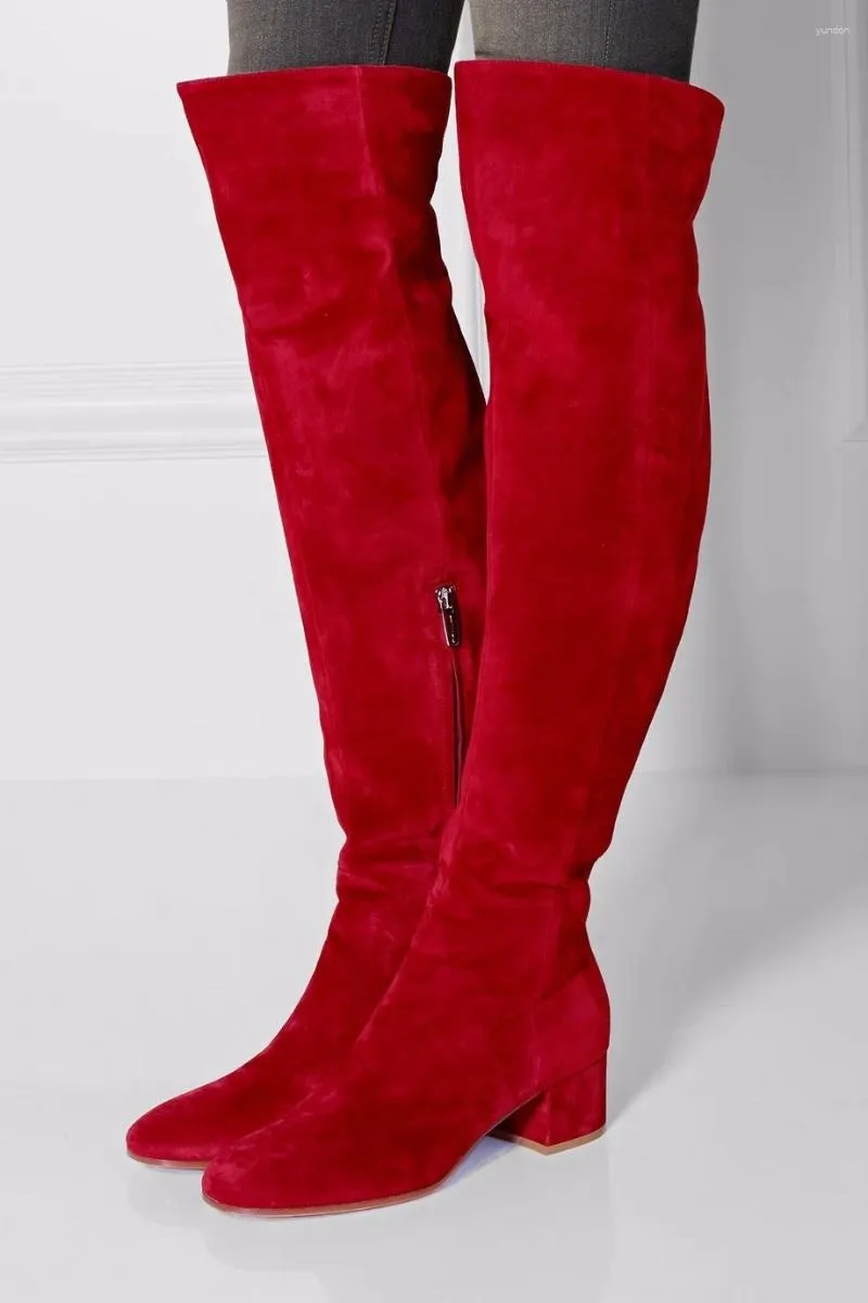 Boots Sexy Red Suede Over Knee Womens Round Toe Thick Heels Woman Fashion Tight High Flat Winter Long