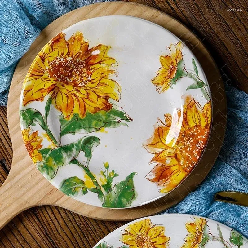 Plates Irregularity Plate Household Ceramic Creative Western Tableware Nordic Style Dishes Sunflower Pattern Decoration