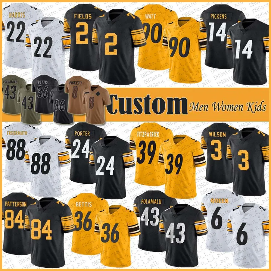 Wholesale Custom 2 Justin Fields 3 Russell Wilson Football Jersey Patrick Queen Cordarrelle Patterson TJ Watt George Pickens Najee Harris Joey Porter Jr Pat Freierm