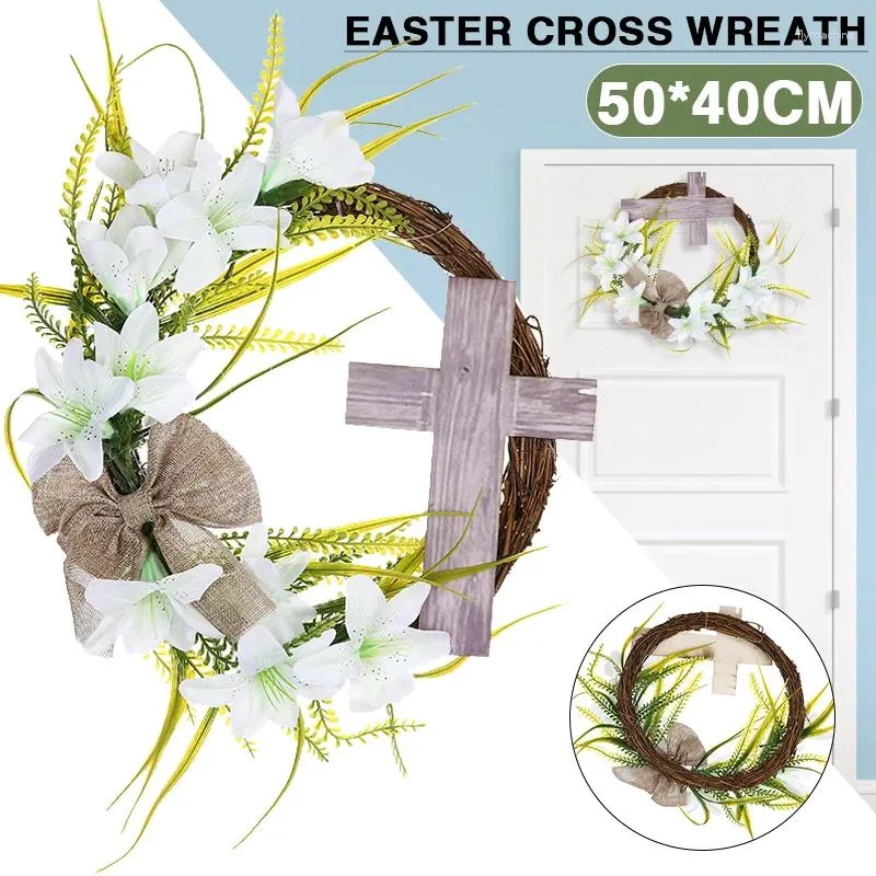 Dekorativa blommor kreativa påskdagen Jesus kors kransdekoration konstgjorda växter dörr trim heliga fönsterprydnader rotting cirkel