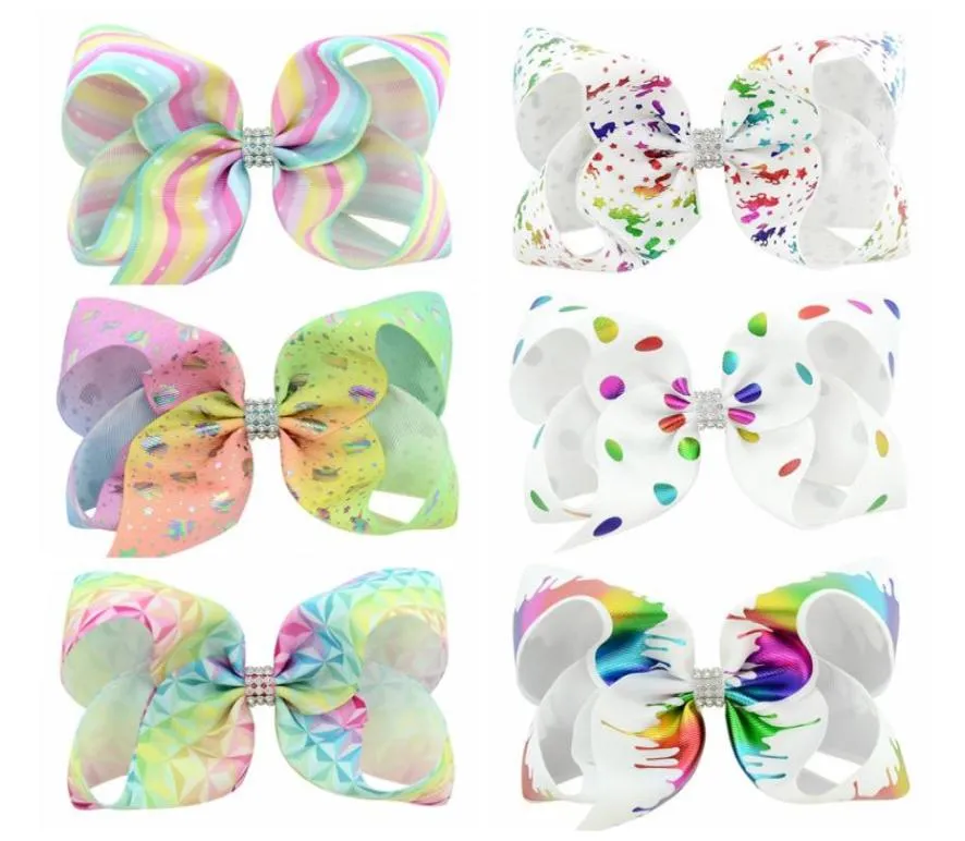 Garotas Bowknot Hairpins Rainbow Unicorn Grosgrain Ribbon Ribbon com clipes de jacarés Acessórios para o cabelo para crianças Baby 6inch Bouti8343048