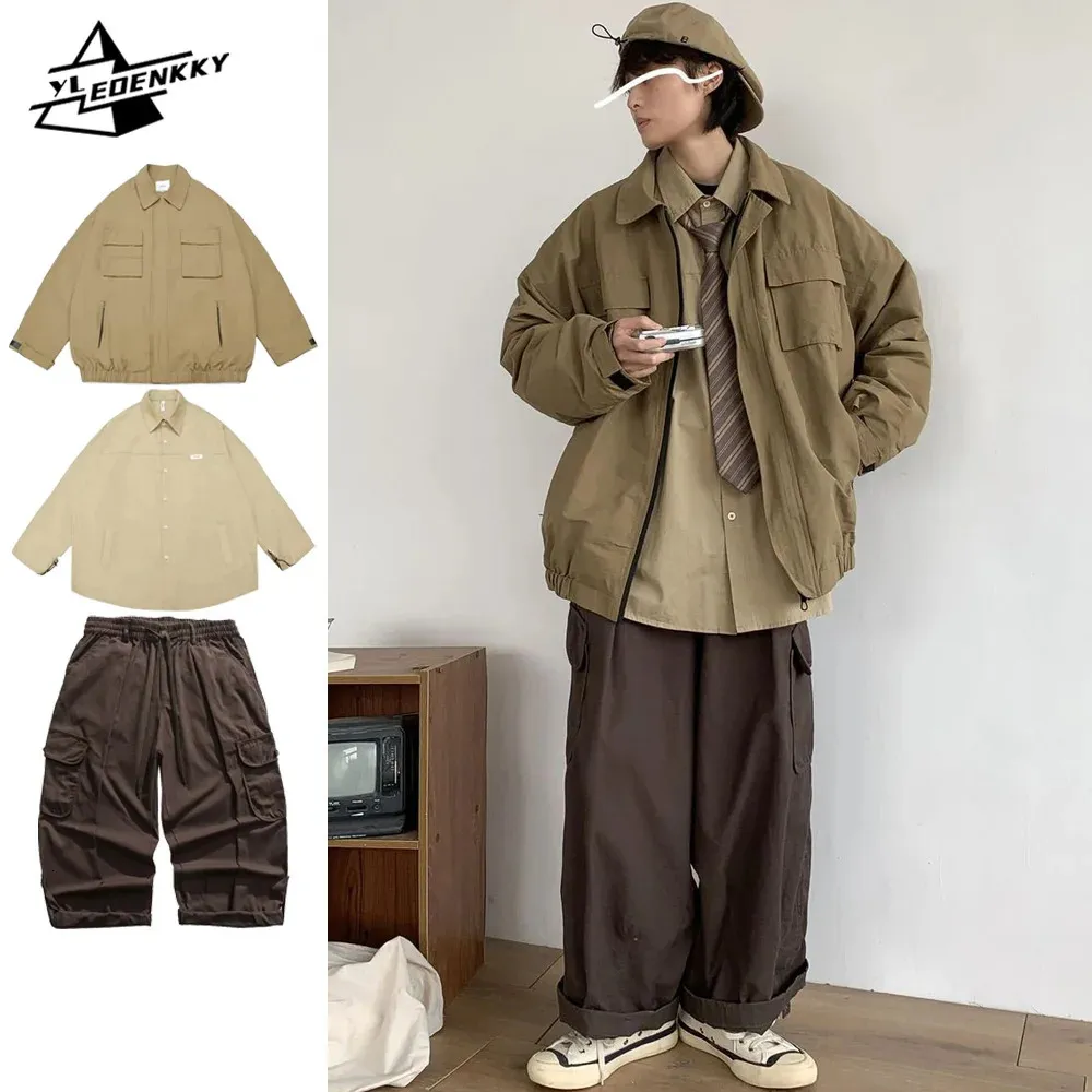 Baggy Retro Set Men Women Street Harajuku Bomber Jacka Lapel Solid Color Casual Shirt Hip Hop Wide-Ben Cargo Pants Three-Piece 240327