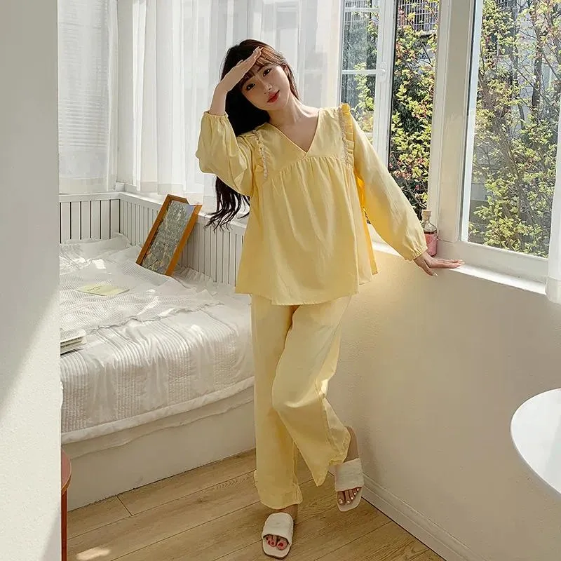 Roupas domésticas Versão coreana de cor sólida pijamas de mangas compridas para o conjunto feminino pode ser usado externamente com algodão puro em SPR