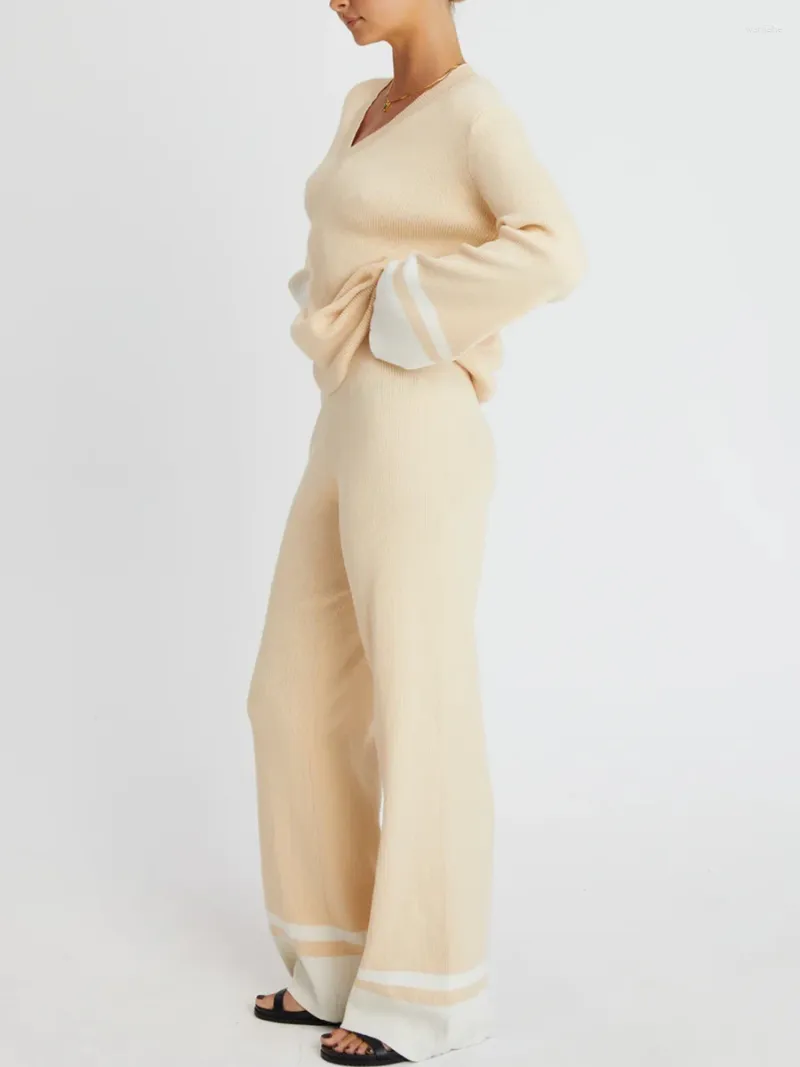 Kvinnor Pants Women 2 Piece Outfits Set Elegant V-Neck Knit Långärmad tröja Top Wide Leg Fall Loungewear