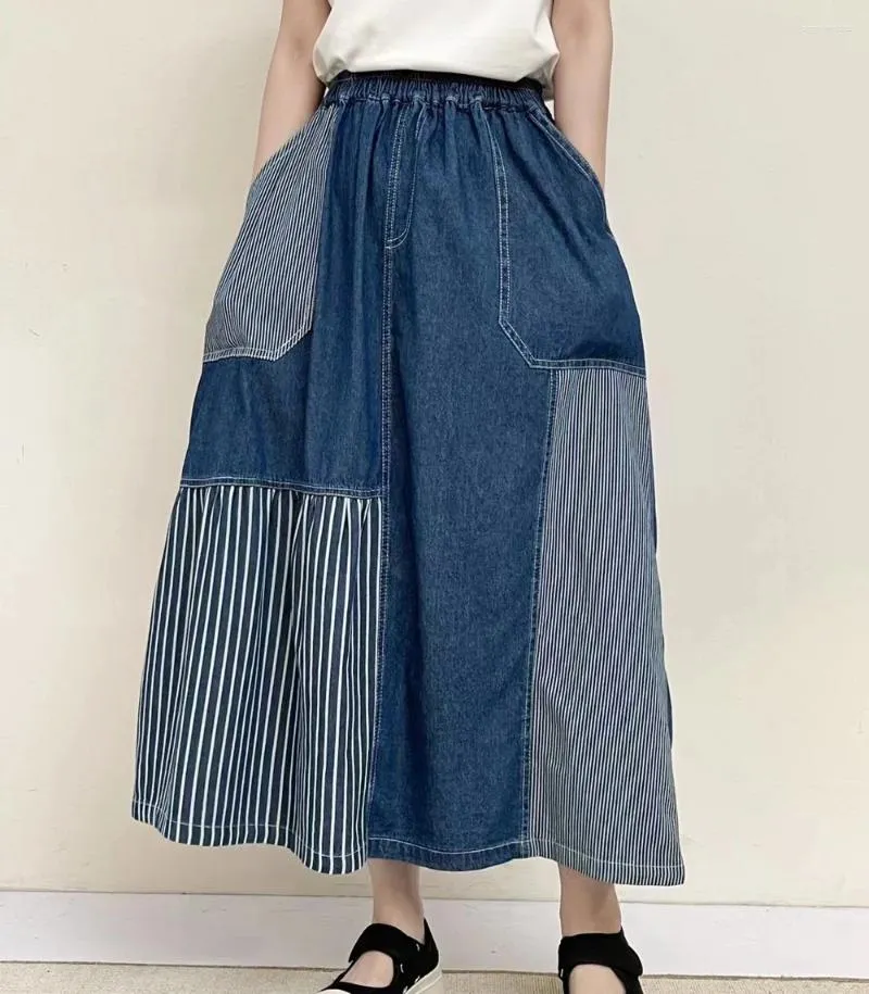 スカートヴィンテージロング女性秋の春の日本ファッションストライプパッチワークデニムモリガールズジャンスカートY2K衣類