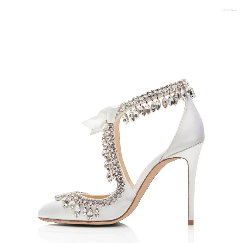 Dress Shoes Elegant White Satin Lace-up High Heel Pumps Crystal Ankle Strap Wedding Thin Heels Rhinestone Fringe Celebrating