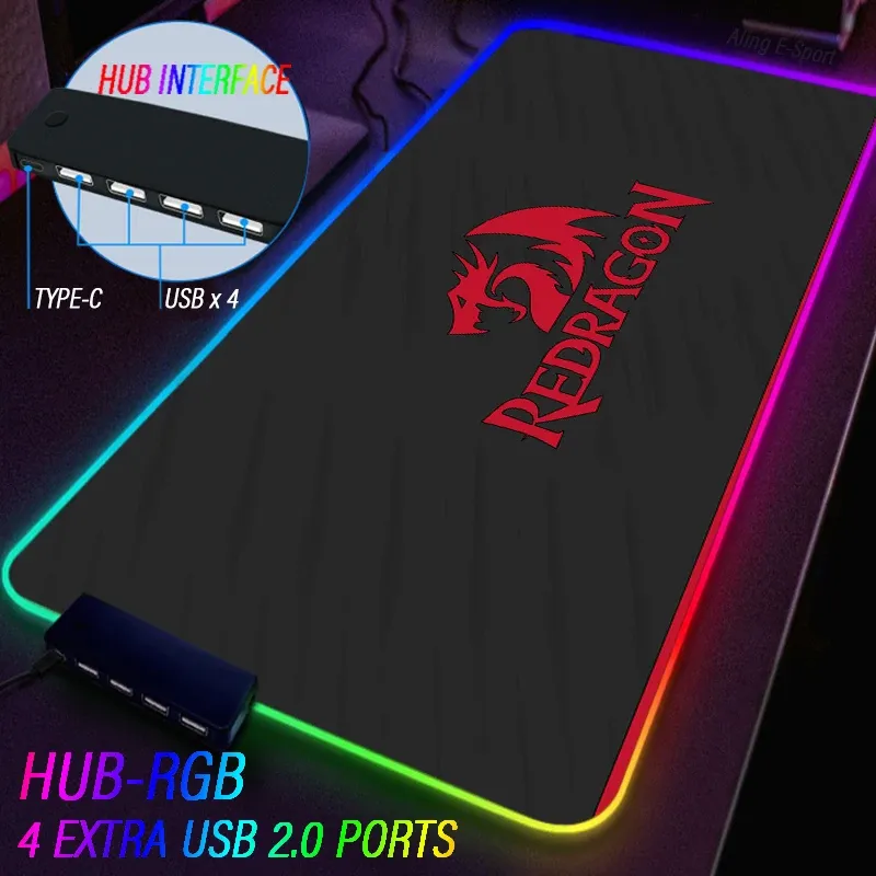 Yazıcılar Redragon Extensable USB Hub 4port kumaş fare ped kırmızı ejderha aydınlık eSporlar Mousepad RGB masa örtüsü nonsip 90*40cm Mat