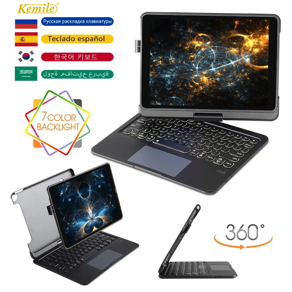 Os casos giram o teclado do touchpad iluminado para o iPad Pro 11 Air 4/5 10,9 7º 8º 9 10.2 AIR 3 10.5 Pro 9.7 Case Teclado do iPad árabe