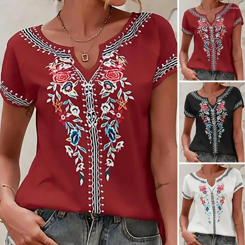Женский блузский этнический стиль футболка с коротким рукавом в стиле с коротким рукавом в стиле Retro Print V-образный выстрел свободный подходная футболка для уличной одежды для уличной одежды
